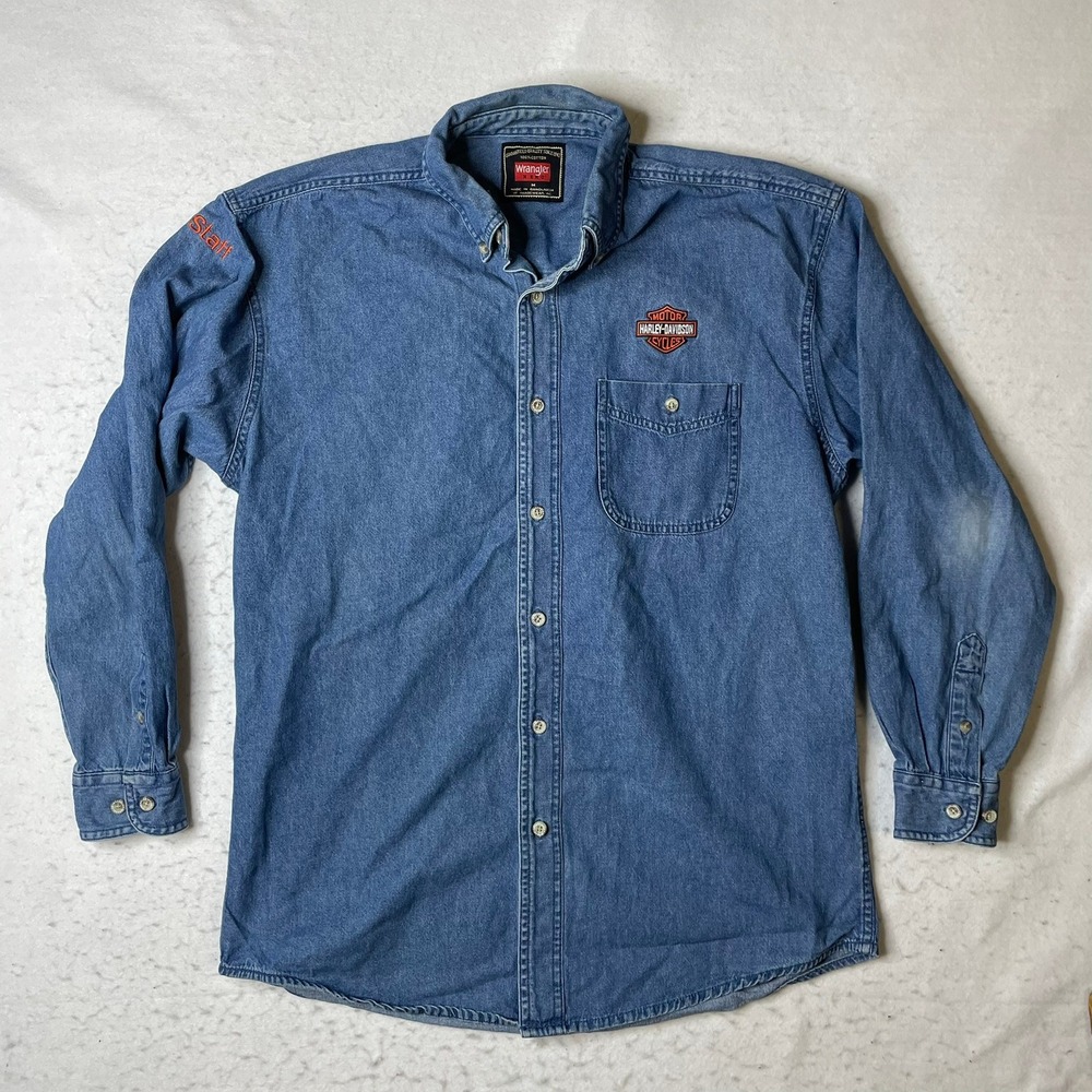 Wrangler Hero Harley Davidson Montreal Staff Denim Shirt Mens Medium Blue Cotton